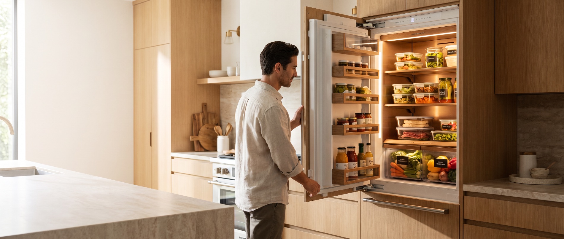 Prepared meals packed in a home fridge for the week