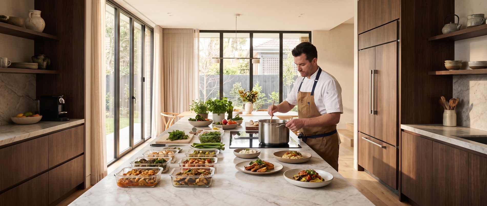 A chef preparing meals at a home kitchen island